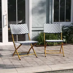 Emma and Oliver Ciel Set of Two Folding Bistro Chairs in PE Rattan with Metal Frames for Indoor and Outdoor Use Navy & White