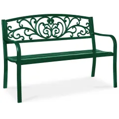 Best Choice Products Outdoor Steel Bench Garden Patio Porch Furniture w/ Floral Design Backrest Dark Green