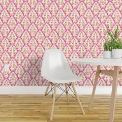 Pre-Pasted Wallpaper 2FT Wide Chinoiserie Scallop Grandmillenial Paisley Pink Orange Block Print French Country Custom Pre-pasted Wallpaper by Spoonflower