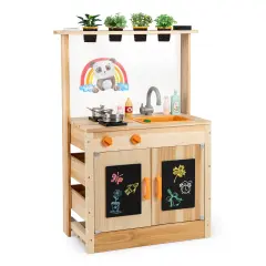 Kids Mud Kitchen Fir Wood Playset with Planting Pots and Blackboards-Natural