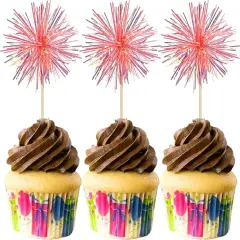 30Pcs Foil Firework Cupcake Toppers Sparkle Tinsel Cake Toppers Tinsel Drink Cake Decoration Cocktail Picks for Birthday Wedding Graduation Party Supplies Laser Orange