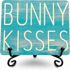4" Easter Wooden Plaque With A Metal Support - Bunny Kisses - Wood Sign Decor For Spring Easter, Happy Easter Farmhouse, Gift For Kids & Adults, Rustic Tabletop Decorations - E02