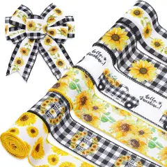36 Yard Sunflower Wired Edge Ribbon 6 Roll 2.5 Inch Buffalo Plaids Flower Fabric Ribbon Spring Summer Floral Decorative Craft Ribbon for Gift Wrapping Decor Hair Bow Sewing Wreath Crafts