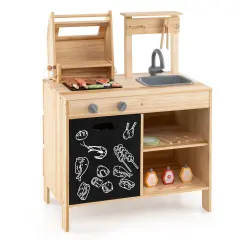 Wooden Barbecue Grill Playset with Chalkboard and Sink and Cabinet-Natural