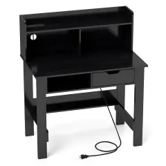 Black Wooden Computer Desk with 2 Outlets, 2 USB Ports and 1 Type-C Port