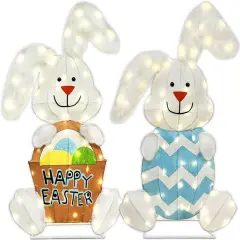 2 Pcs Rabbit Outdoor Easter Decorations, Lighted Bunny with 120 Lights, 2D Easter Rabbit Lights Easter Decor for Indoor Outdoor Festive Holiday Fireplace Garden Yard Lawn Patio