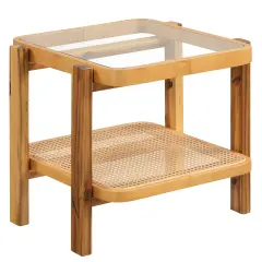 Rattan 2-Tier End Side Table with Tempered Glass Top Acacia Wood Legs-Natural