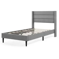 Linen Upholstered Platform Twin Bed Frame with Wing back Headboard-Twin Size