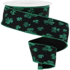 Glitter Shamrocks Wired Edge Ribbon, Black and Green St Patricks Wired Ribbon, 2.5" x 10 Yards
