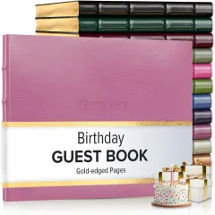 Gallery Leather Birthday Guest Book for Party Celebrations - Hardcover, Bound Leather Sign in Guest Book with 192 Lined Pages for Messages & Photos - 7" x 9" Camden Orchid