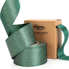 Christmas Ribbon Wired Green Satin Ribbons 1-1/2 Inch Double-Faced Gold Glitter for Tree Decoration, Wreath, Gift Wrapping, Home Decor 10 Yards