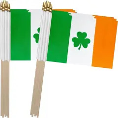 TSMD Ireland Irish Shamrock Stick Flag Saint Patrick's Day Clover Small Mini Hand Held Flags,5x8 Inch,12 Pack