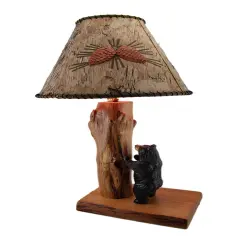 Handcrafted Rustic Wood Black Bear Lamp w/Decorative Bark Shade