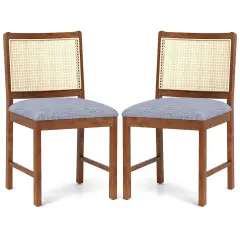 Rattan Dining Chair Set of 2 with Rubber Wood Frame and Linen Fabric Padded Seat-Walnut