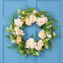 Northlight Rose and Peony Fern Artificial Floral Spring Wreath, Pink - 24-Inch