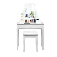 10 LED Lighted Mirror and 3 Drawers Vanity Table Set White