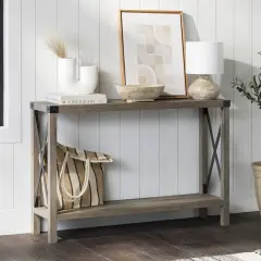 Modern Wood Finish Entryway Console Table with Lower Shelf and Metal Accents for Shoes or Decor Grey