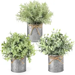Small Fake Plants in Farmhouse Galvanized Metal Pots 3 Pack Potted Artificial Plant Eucalyptus for Laundry Room Bathroom Shelf Table Decor