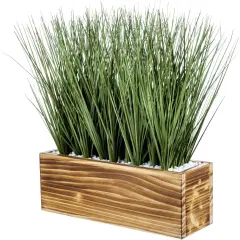 Artificial Grass Plants in Rustic Burnt Solid Wood Planter Box, 12 Inch Decorative Wooden Container with Faux Greenery Plant, Indoor Table Decor