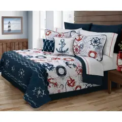 Soft Polyester Microfiber Coastal Quilt Set Featuring Nautical Elements and Matching Pillow Shams