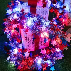 4th of July Patriotic Decorations, Red White and Blue Star Garland with 20Led Copper Fairy Lights, 2PACK Each 6.6Ft Tinsel Garland National Independence Day Decor Party Home Indoor