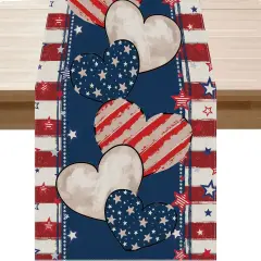 4th of July Table Runner Stripe Stars Heart Memorial Day Independence Day Patriotic America Table Decoration Home Kitchen Dining Indoor Holiday Farmhouse Decor
