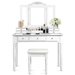 Makeup Dressing Table with Tri-Folding Mirror and Cushioned Stool Perfect for Women White