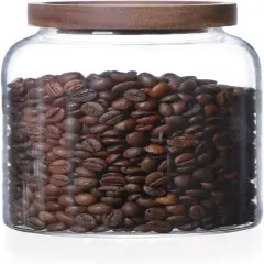 1200ML 40FL Oz Glass Storage Container with Wood Lid Large Decorative Organizer Bottle Canister Pantry Jar with Air Tight Wooden Lid for Food Coffee Candy Cereal Rice Flour Pop Spaghetti