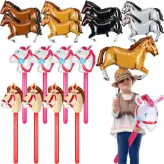Roshtia 16 Pcs Inflatable Stick Horse and Horse Balloons for Kids Racing Derby Party Supplies Cute Horsehead Stick Balloon Derby Day Party Decorations for Birthday Baby Shower