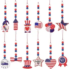 12 Pieces Independence Day Wood Bead Garland with Wooden Tag 4th of July Patriotic Wooden Bead Hanging Ornaments American Flag