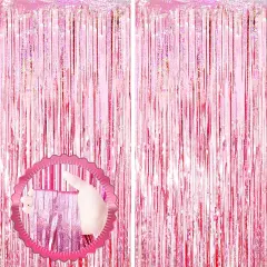 2 Pack Laser Pink Tinsel Foil Fringe Curtains, Valentines Day Pink Decorations, Metallic Tinsel Party Streamers Backdrop for Birthday Bachelorette Graduation Wedding Party Decorations