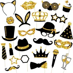 Black and Gold Party Photo Booth Props,24 Pieces Photobooth Picture Pose Sign Kit for Birthday Wedding Party Memorable Photos