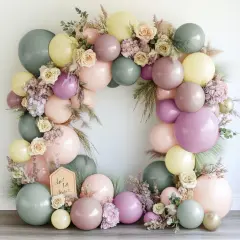 Dusty Green Pink Yellow Balloon Garland - Double Stuffed Pastel Pink Yellow Haze Purple Green Floral Pastel Balloons Arch Kit for Birthday Baby Shower Wedding Garden Tea Party Decoration