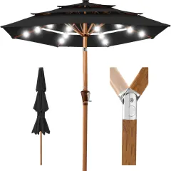 Best Choice Products Woodgrain Pattern 10ft 3-Tier Solar Patio Umbrella w/ 24 LED Lights, Tilt Black