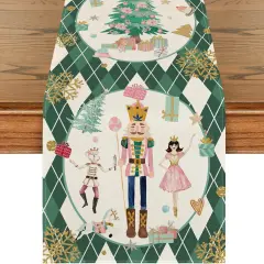 Green Diamond Plaid Nutcracker Snowflake Christmas Table Runner, Seasonal Winter Kitchen Dining Table Decoration for Home Party Decor 13x72 Inch