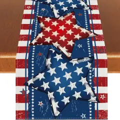 Linen Red White and Blue Stripe Stars Table Runner 4th of July Memorial Day Veterans Day Independence Day Tablecloth Patriotic Decorations and Supplies for Home Kitchen Table