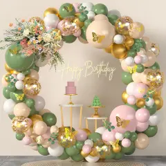 Sage Green Pink Balloon Arch Kit 153Pcs Light Pink Olive Green Blush White Gold Latex Confetti Balloons Garland Artificial Eucalyptus