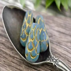 *6* 25x12mm Gold Washed Blue Aqua Opal Mermaid Scale Large Drop Beads