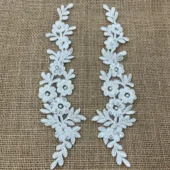 1 Pair 9.5" x 2" Each Side Beaded & Corded Floral Lace Applique Embroidered on 100% Polyester Net Mesh Ivory