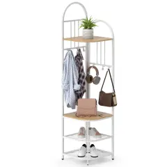 Costway 4-Tier Coat Rack Corner Hall Tree with Shoe Storage Bench 6 Removable Hooks Bedroom Brown/Natural/White