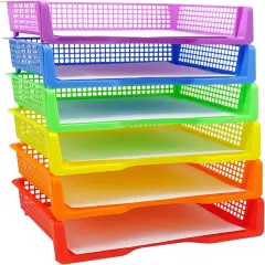 4E's Novelty 6 Colorful Plastic Trays for Teachers, Durable Turn in Trays, Classroom Paper Organizers, Stackable Storage Baskets for Office Desk, Classroom Organization Supplies, 13.3"L x 9.2"W x 3"H