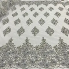 1 Yard Beaded 3D Floral Lace Fabric Embroidered on 100% Polyester Net Mesh 52" Width Silver