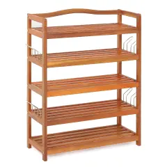 Costway 5-Tier Wood Shoe Rack Solid Acacia Wood Shoe Shelf with Side Metal Hooks