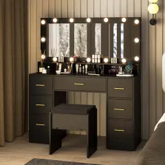 Costway Makeup Vanity Desk with Mirror and Lights Charging Station 3-Color LED Lights Black/White