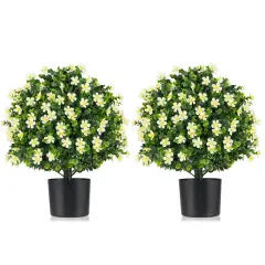 Costway 2 Pack Artificial Boxwood Topiary Ball Tree Faux Shrub Bushes with Flowers White/Purple