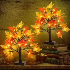 2 Pcs Thanksgiving Fall Artificial Maple Tree with 24 LED Lights and Timer