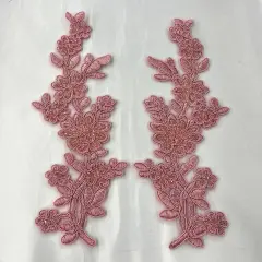 1 Pair Beaded & Corded Floral Lace Applique 10" x 2" Each Side Dusty Rose
