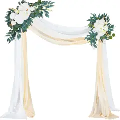 4 Pcs Wedding Arch Flowers and Drape Kit Include 2 Artificial Floral Swag and 2 White Chiffon Drapes