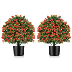 Costway 2 Pack Artificial Rose Topiary Ball Tree Faux Shrub Bushes with Flowers