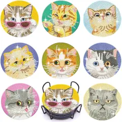 Cats Diamond Art Coasters with Holder, Crafts Kits for DIY Coasters, Diamond Art Kits for Adults, Small Diamond Painting Coasters Kit Art Craft Supplies (Cute Cats)